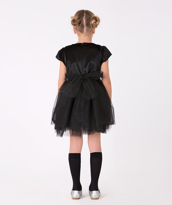 Stylish black tulle party dress for girls featuring a decorative belt and classic design