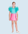 Pink mini skirt for girls with ruffle accents, perfect for stylish occasions