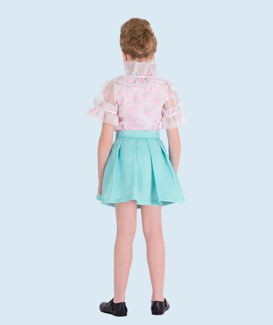 Sheer embroidered blouse with pink roses and button-down front, perfect for girls' summer and spring outfits