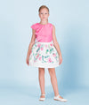 Girls' white floral skirt with green leaves and pink flower prints, perfect for spring and summer