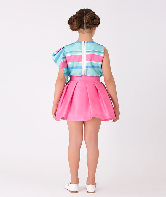 blue striped blouse and pink skirt