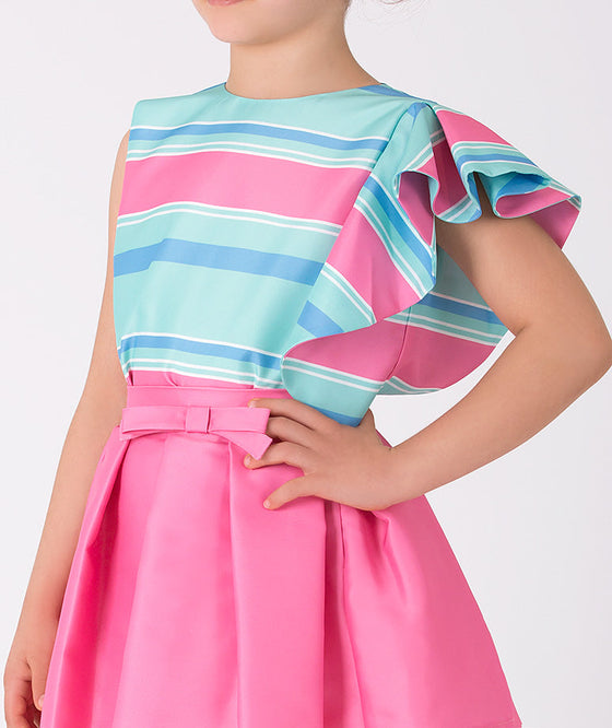 blue striped ruffled blouse and pink skirt 