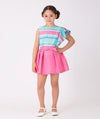 blue striped ruffled blouse and pink skirt with a bow