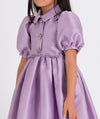 lilac dress with sparkling buttons and balloon sleeves